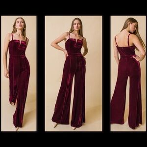 FLYING TOMATO BLOW A KISS VELVET BURGUNDY WIDE LEG ELEGANT PARTY JUMPSUIT 1X